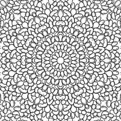 Indulge in a unique coloring experience with this intricate Jelly Bean Mandala. Its perfectly symmetrical design, crafted from countless tiny candies, offers a delightful challenge for all ages.