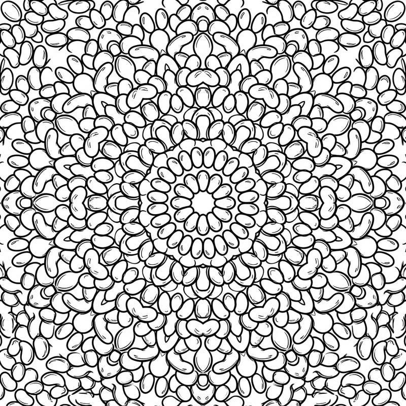 Indulge in a unique coloring experience with this intricate Jelly Bean Mandala. Its perfectly symmetrical design, crafted from countless tiny candies, offers a delightful challenge for all ages.