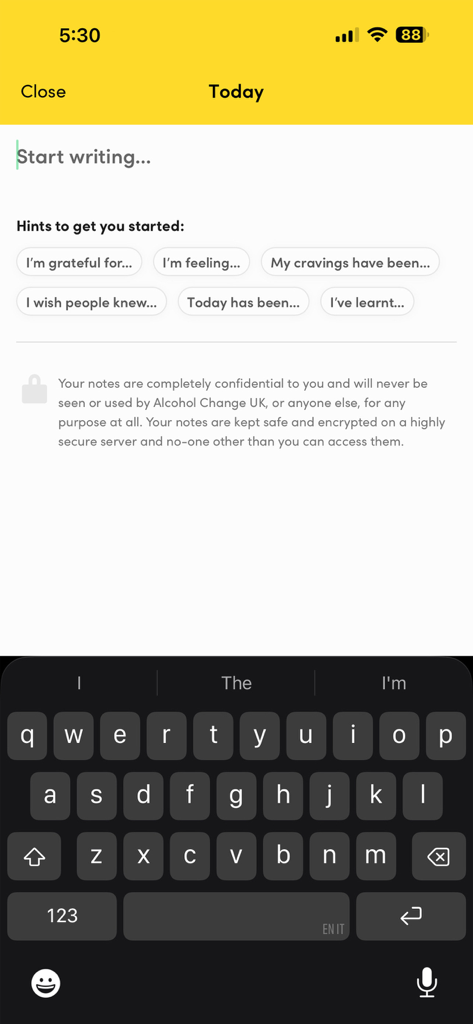 Try Dry app journaling screen with writing prompts and a privacy guarantee