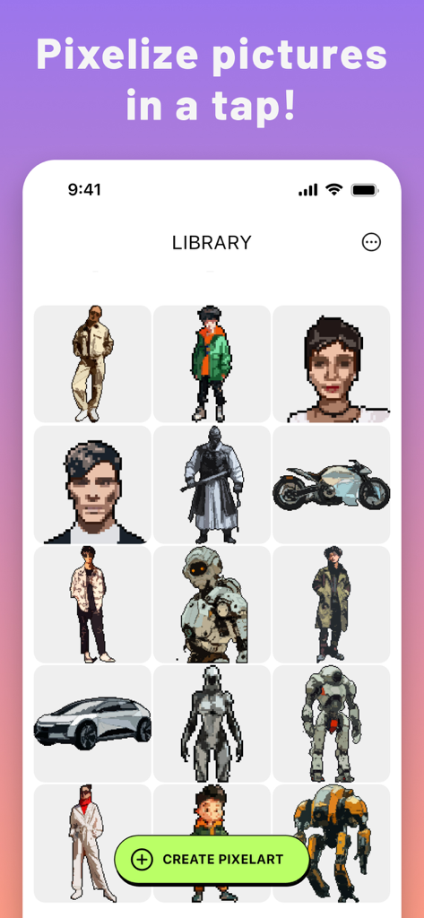 Une collection d'avatars et d'icônes d'art pixelisé 8 bits dans la galerie de l'application PixelMe