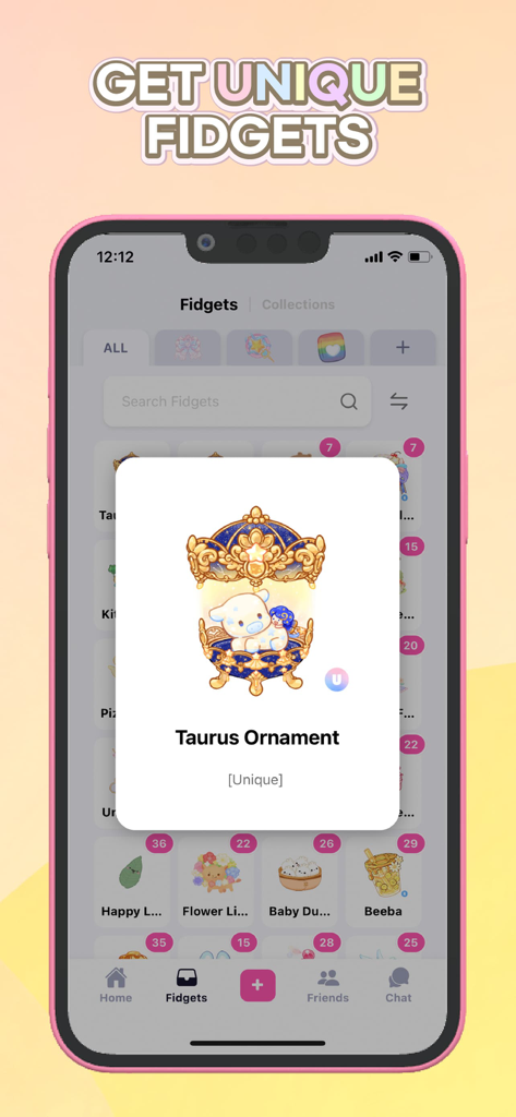 A screen showing a unique Taurus Ornament fidget toy in the Fidget Town app inventory.