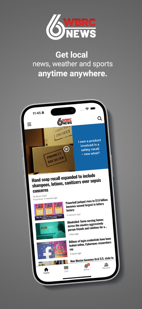 WBRC 6 News - WBRC 6 News mobile app interface displaying local and national news stories on a smartphone.