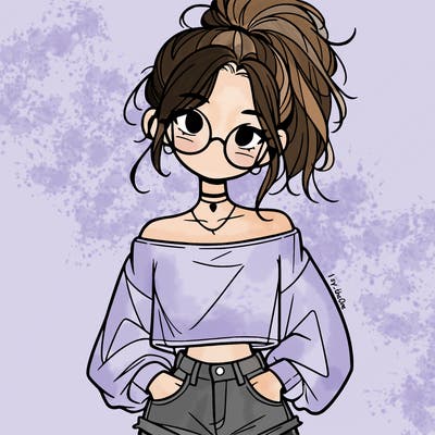 girl with a messy ponytail glasses a baggy crop top and jean shorts