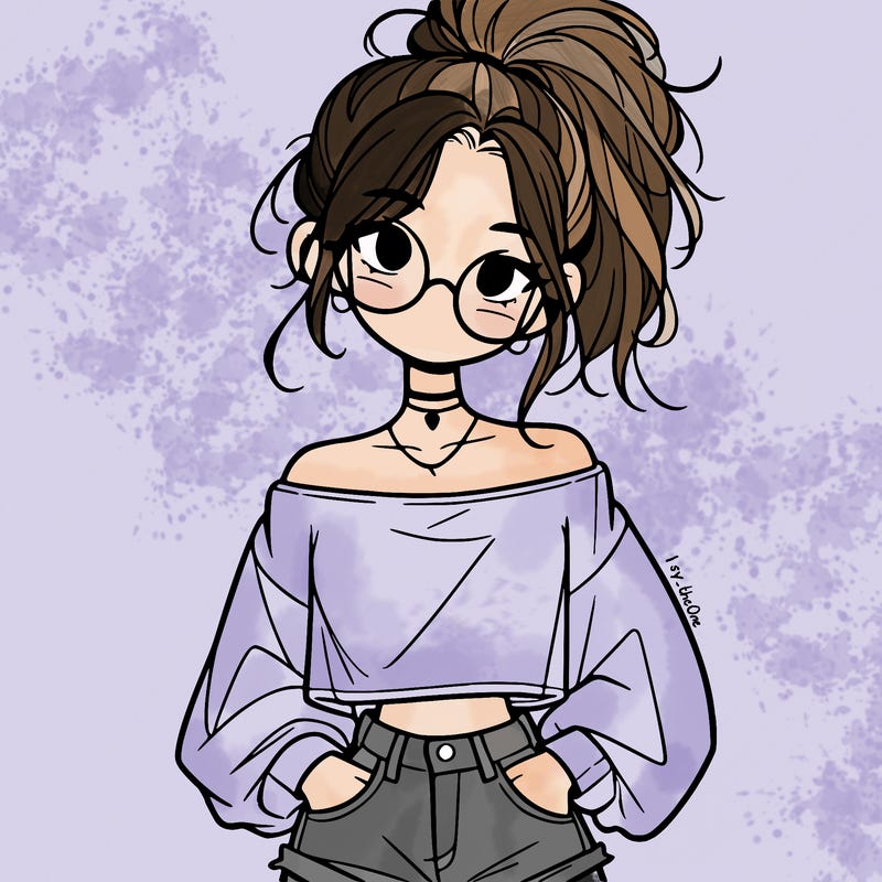 girl with a messy ponytail glasses a baggy crop top and jean shorts