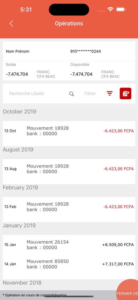 Historique des transactions et soldes des comptes sur l'application mobile UGB-eBANK.