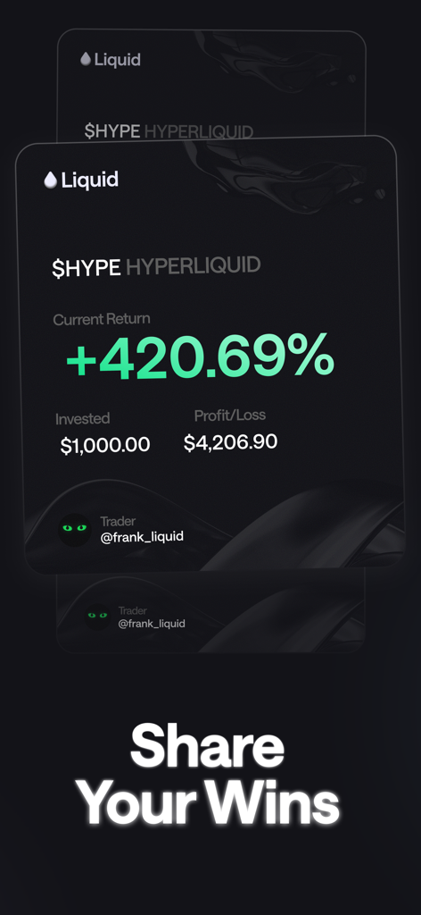 Liquid — Trade like the 1% - Liquid app screen for sharing trading results showing a high percentage return on a crypto trade