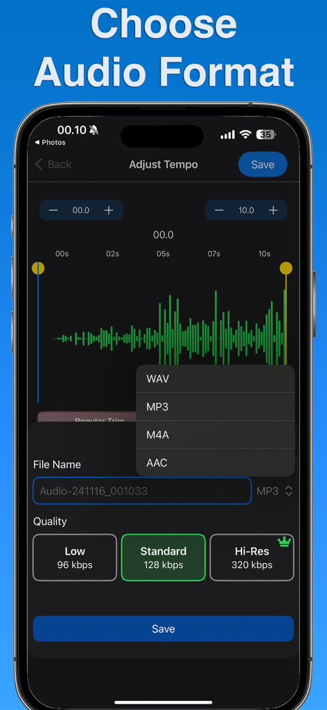 Music Speed Changer・Audio - Screen showing audio format and quality options in Music Speed Changer app.