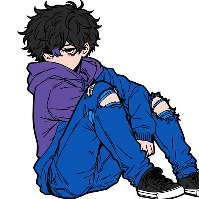 a male hoddie ripped jeans messy hair anime