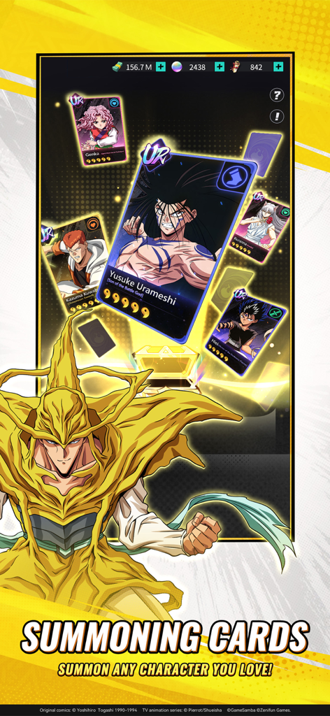 Yu Yu Hakusho：Slugfest - Summoning cards screen showing Yusuke Urameshi and other characters in Yu Yu Hakusho Slugfest