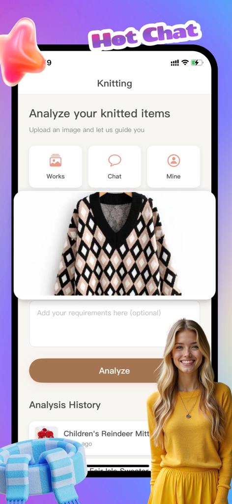 Texplix - Interface do aplicativo Texplix mostrando um recurso de IA para analisar um suéter de tricô em busca de padrões e orientação.