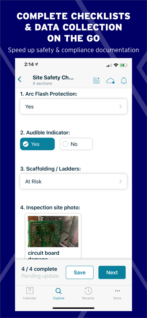 Mobile interface of the ServiceMax Go app showing a site safety checklist with an inspection photo of a circuit board.