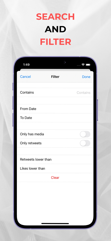 Tweet Cleaning - Delete Tweets - A mobile app screen for filtering tweets by keywords date and engagement count