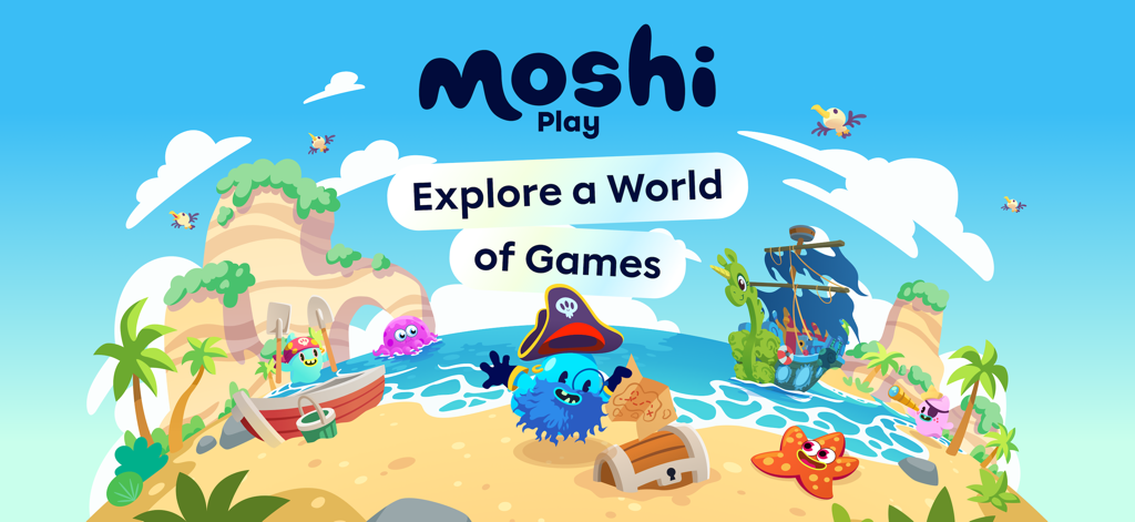 Moshi Play: Games for Kids - 青い海賊モンスターと宝の地図が登場する、子供向けMoshi Playアプリのカラフルなビーチシーン