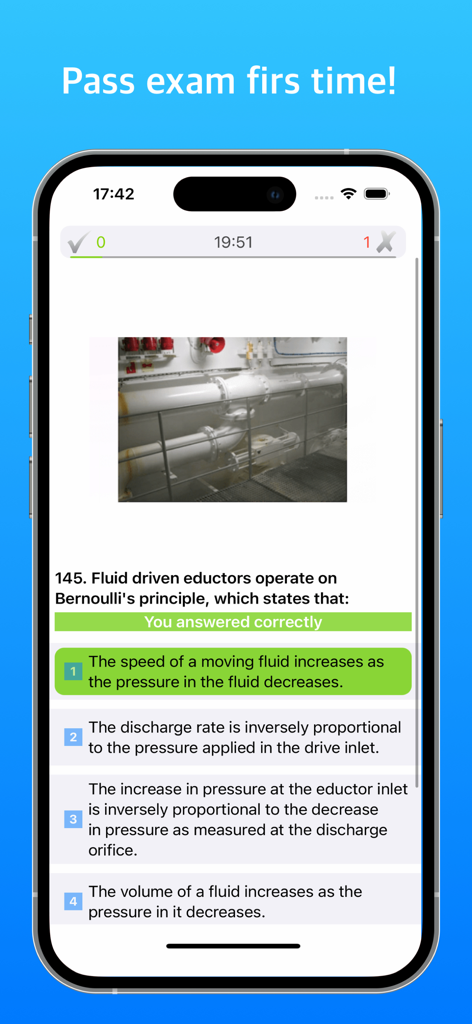 A mobile app screen showing a technical maritime exam question about fluid-driven eductors and Bernoulli's principle.