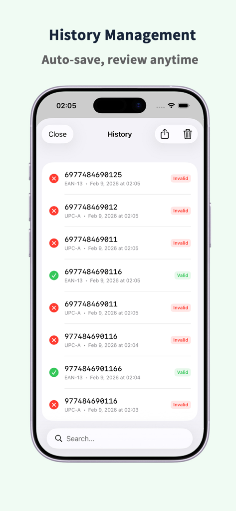 UpCheck Pro: UPC Digit Checker - UpCheck Pro history screen showing a list of verified UPC and EAN codes with color-coded valid and invalid status indicators.