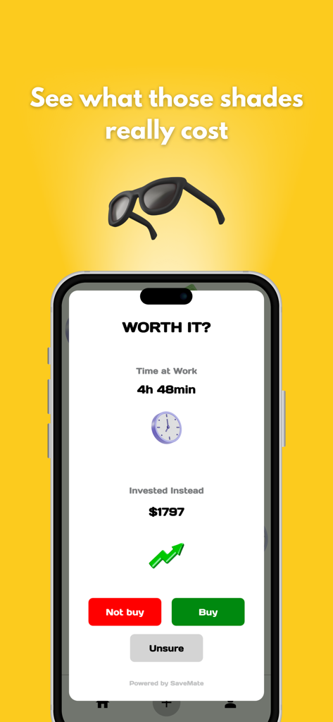 SaveMate - Savings Tracker - Interfaz de la aplicación SaveMate que muestra el costo de unas gafas de sol en horas de trabajo y el crecimiento potencial de la inversión para prevenir el gasto impulsivo