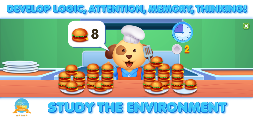 Educational game screen showing a cartoon dog chef and stacks of hamburgers for counting practice