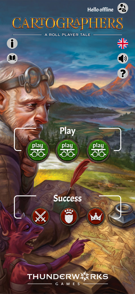 Cartographers - Écran d'accueil du jeu mobile Cartographers présentant des personnages fantastiques et des options de menu.