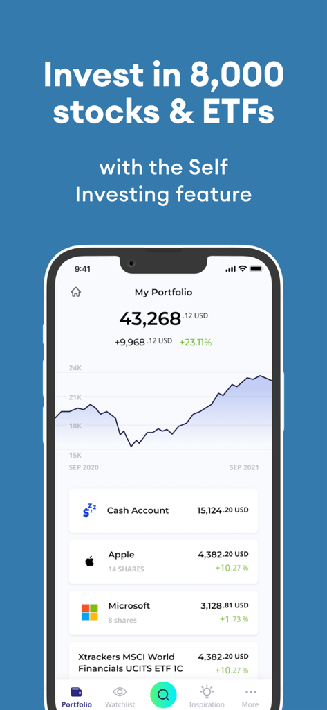 CBD Investr: Stocks Investing - CBD Investr App-Dashboard mit dem Anlageportfolio eines Nutzers mit Aktien und Leistungsdiagramm