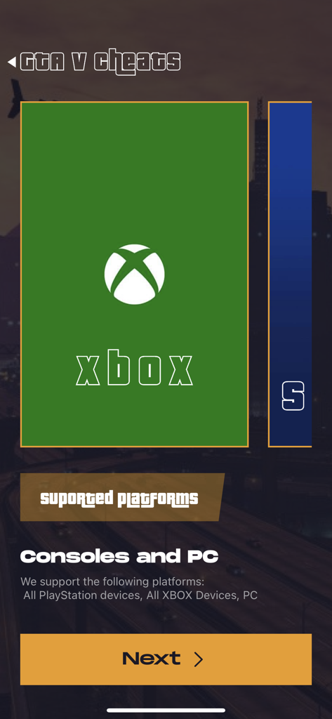 Platform selection screen in GTA 5 Cheats app showing Xbox option.