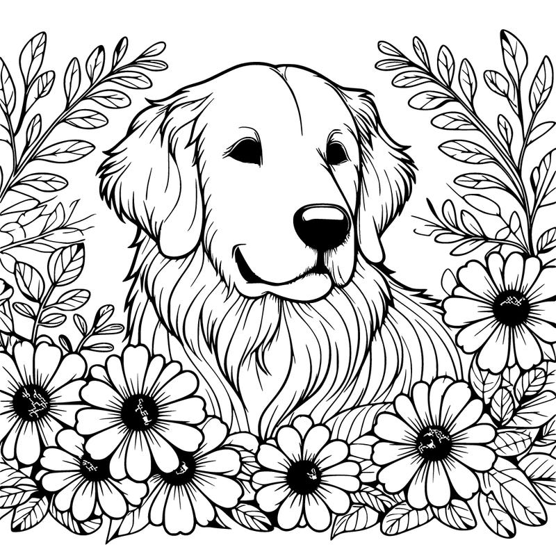 realistic golden retriever with flowers surrounding it