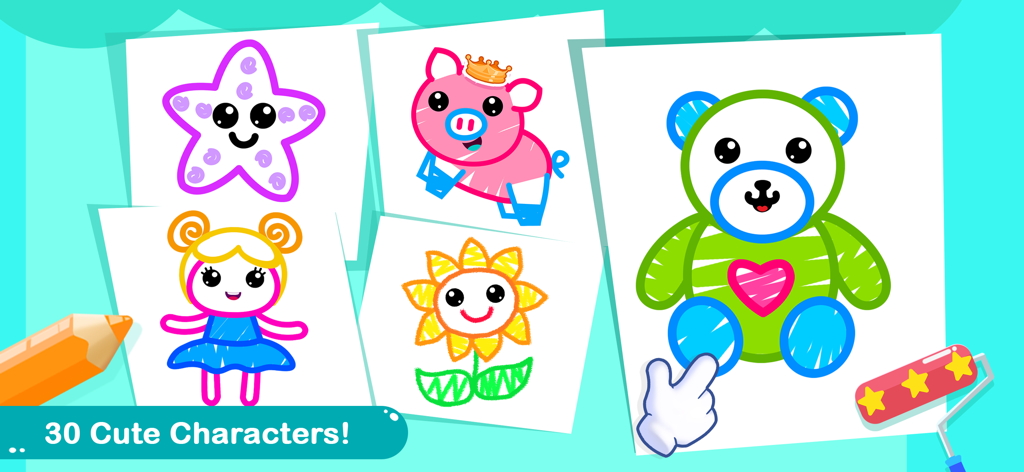 Drawing for Kids Coloring Game - Juego de Dibujo y Coloreo para Niños mostrando varios personajes lindos incluyendo un oso, un cerdo y un girasol.