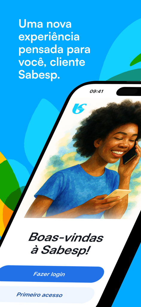 Welcome interface of the Sabesp Mobile app featuring an illustration of a woman using a smartphone