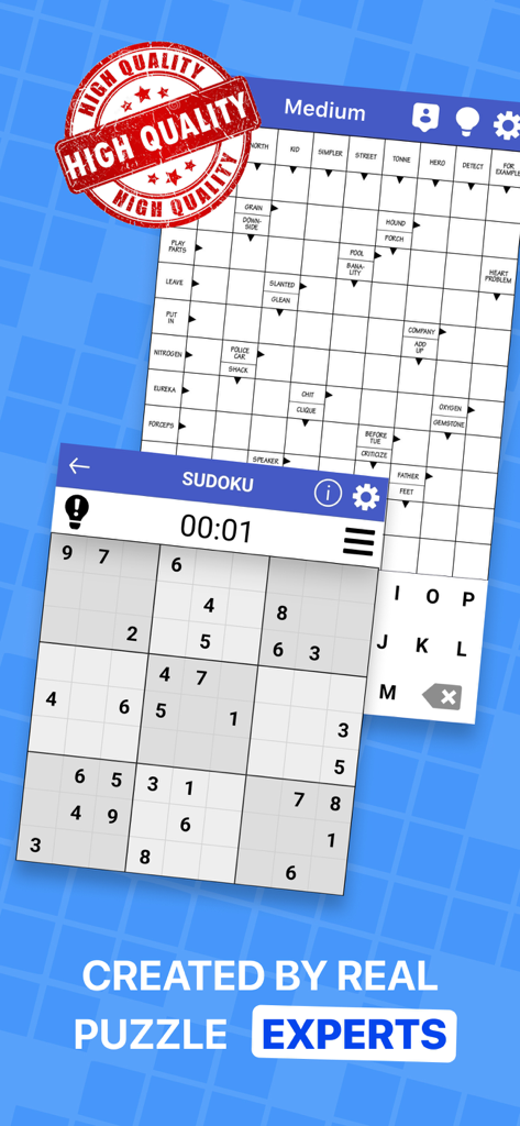 Daily Crossword Puzzles - EN - Interfaccia dell'app Cruciverba Giornalieri che presenta sia cruciverba che puzzle Sudoku creati da esperti.