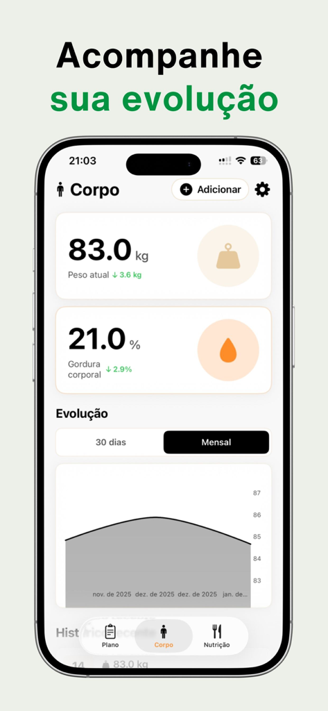 Dieta Já - Seu Nutri - Dieta Ja 영양 앱에서 체중 및 체지방 변화 그래프를 보여주는 스마트폰 화면