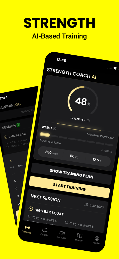 Strength Coach AI: Workout Log - Strength Coach AI mobile app interface showing training intensity and next workout session for powerlifting