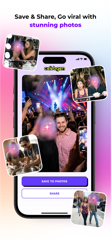 CelebGen mobile app screen showing options to save and share AI generated photos of a user with a celebrity.