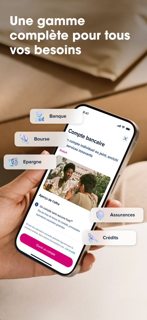 Hand holding a smartphone showing the BoursoBank app interface with various financial service categories like banking stock market and savings