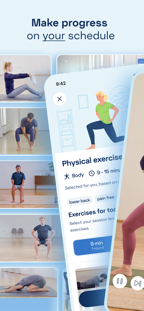 Kaia Health - Interface of Kaia Health app showing physical therapy exercises that fit into your daily schedule