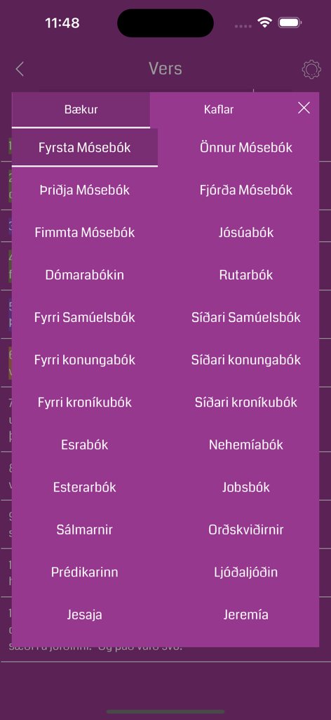 A purple menu within the Icelandic Bible app listing various books of the Bible in the Icelandic language.