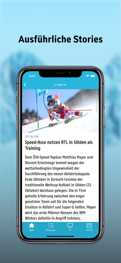 A screenshot of the ORF Ski Alpin app displaying a detailed news story about Alpine skiing