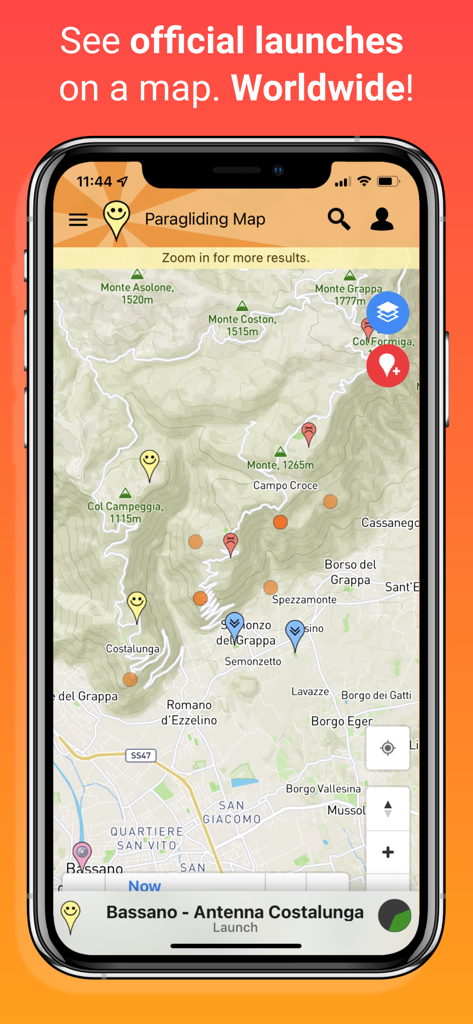 Paragliding Map interface showing worldwide official launch sites and terrain