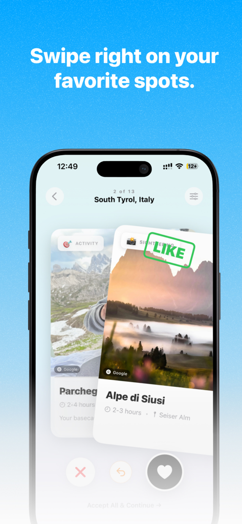 Vacay: Find Spots, Plan Trips - Interface de smartphone mostrando o aplicativo Vacay com um cartão de viagem sendo deslizado para a direita para gostar de um destino