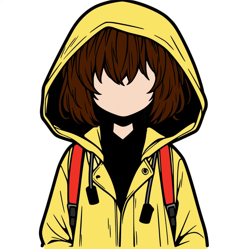 little anime girl in a raincoat her hair is covering her eyes she has a lighter