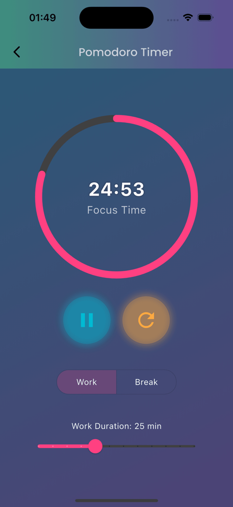 Focus Mate app Pomodoro Timer screen showing 24 minutes and 53 seconds of focus time with a pink progress ring