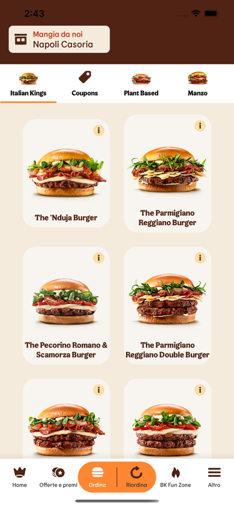 Burger King Italia - Burger King Italia app interface displaying the Italian Kings burger menu selection