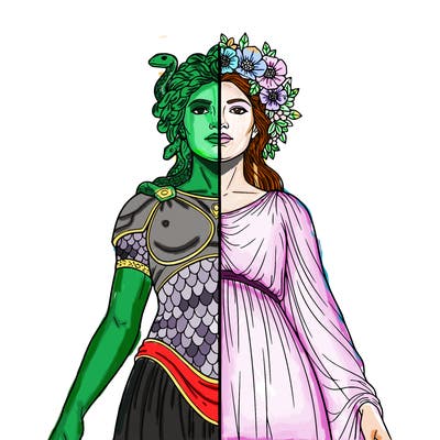 a medusa statue, split in the middle, and on the other side a beautiful woman with a flower wreath and a veiled dress with hair down to her shoulders.