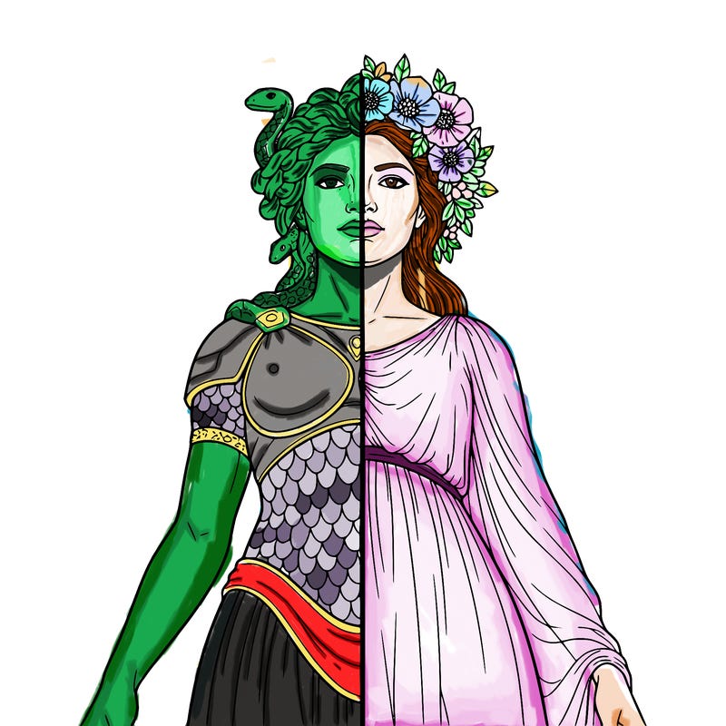 a medusa statue, split in the middle, and on the other side a beautiful woman with a flower wreath and a veiled dress with hair down to her shoulders.