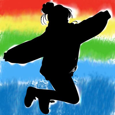 realistic girl jumping with a bun and oversized sweatshirt