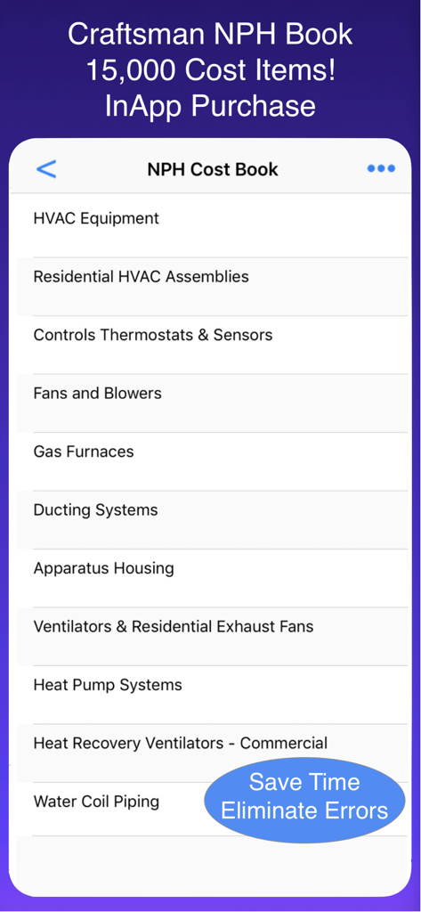 Interface do aplicativo HVAC Pro mostrando as categorias do Livro de Custos NPH Craftsman para orçamentos profissionais.