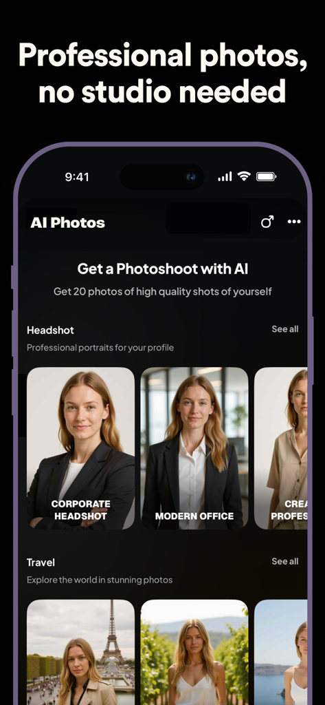 AI Photos - AI Photo Generator - Mobile app interface displaying AI generated professional corporate headshots and travel photos