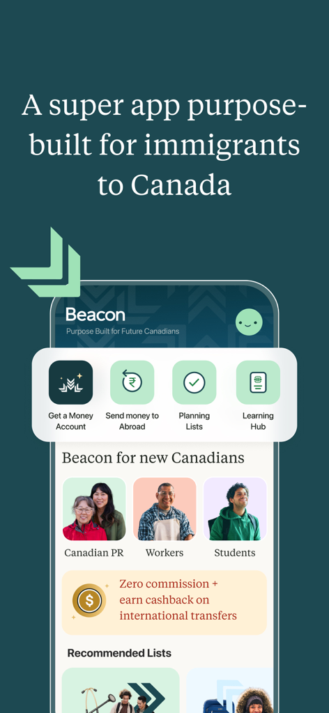 My Beacon - My Beacon mobile app homepage for immigrants to Canada featuring money account and international transfer options