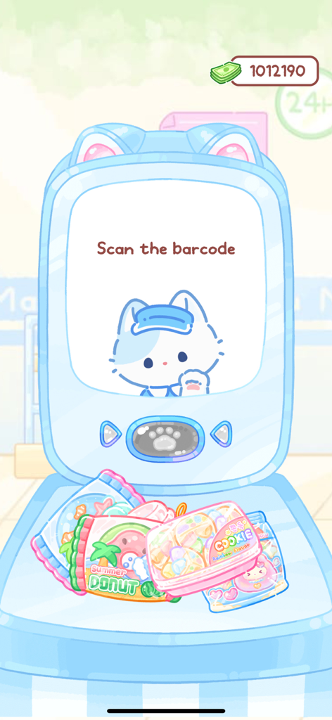 Cute cat character on a digital screen asking to scan barcodes for colorful snacks in the Tanghulu Master game.