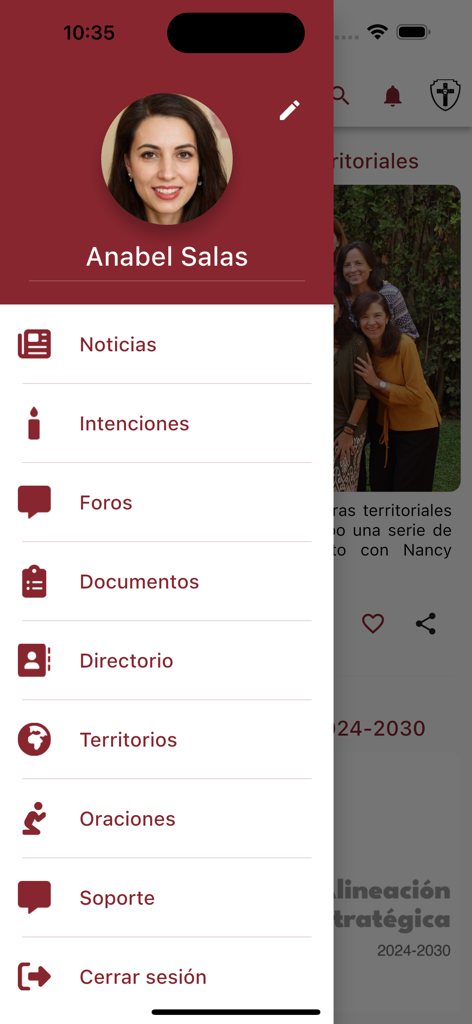 Side navigation menu of the Consagradas Regnum Christi app showing user profile and categories for news, prayer intentions, and community directory.