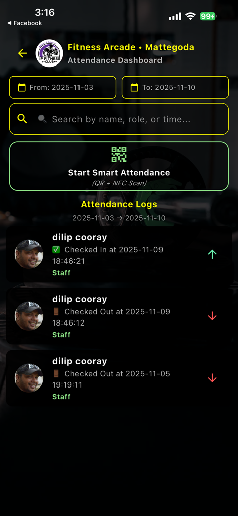 Gym Master attendance dashboard displaying member check in logs and a smart attendance button