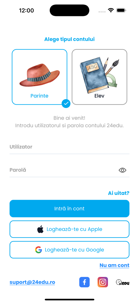 Login screen for the 24edu mobile app with account selection for parents and students
